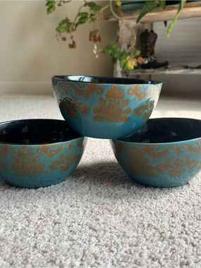 Pfaltzgraff Rare Turquoise and Gold Floral Motif Ceramic Bowl Set - Set of 3